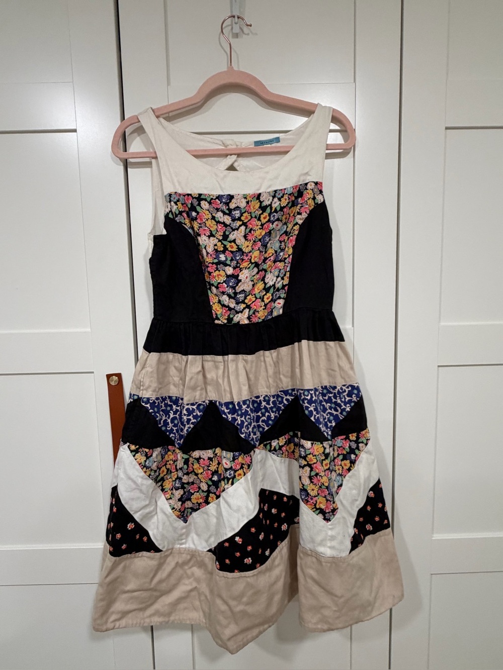 Anthropologie leifnotes patchwork Floral A-Line Dress in Black, White, Cream